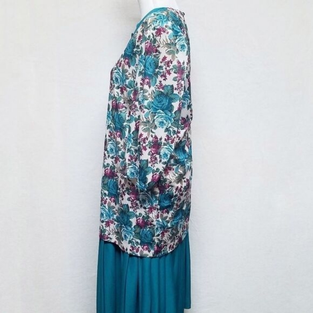 80s Vintage Classic Apparel Teal Cabbage Rose Pleated Quarter Sleeve Midi Dress - Picture 7 of 15